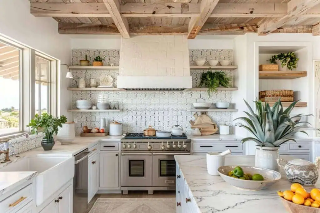 A white coastal kitchen with a large island, terracotta tile flooring, and a unique tile backsplash in Moroccan style patterns.
