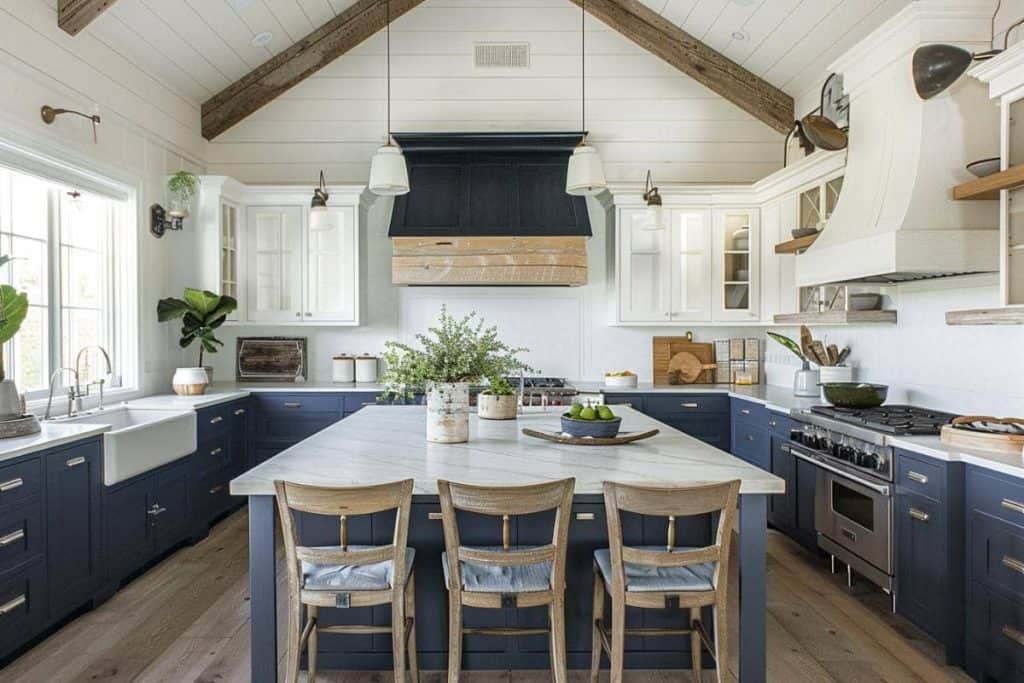 A navy and white kitchen featuring a vaulted ceiling with exposed beams, a marble-topped island, and farmhouse-style seating.