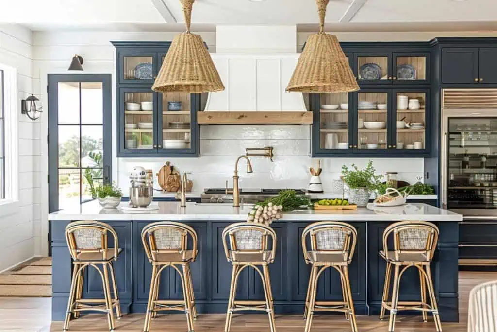 A chic kitchen with blue cabinets, brass fixtures, wicker bar stools, and hanging rattan lamps over the island.