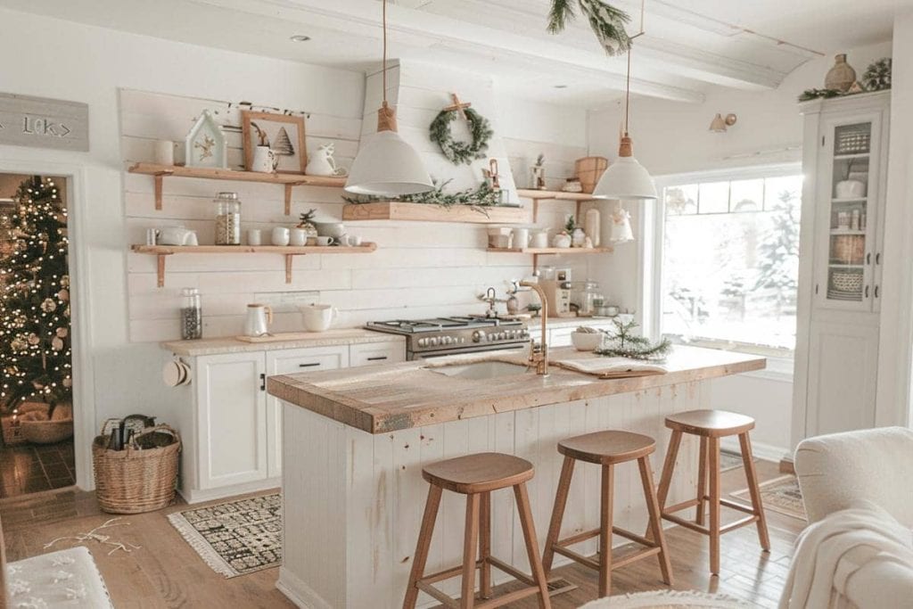 Cozy farmhouse kitchen adorned with Christmas decor, featuring a rustic island and a warm glow from a Christmas tree.