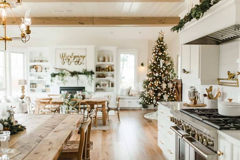 Spacious farmhouse kitchen with a Christmas tree and festive decorations on the shelves, a wooden dining table, and a cozy seating nook in the background