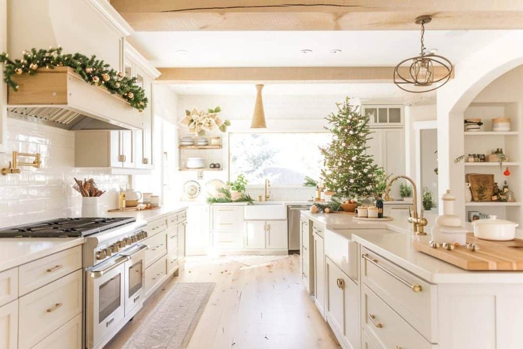 Sunlit farmhouse kitchen adorned with Christmas greenery, featuring a marble-topped island, white cabinetry, and a small tree by the window