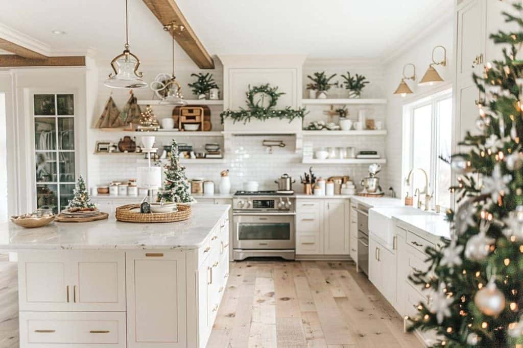 Festive farmhouse kitchen with open shelving adorned with holiday decor, a large island, and a kitchen table displaying miniature Christmas trees