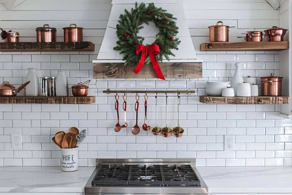 Close-up of a farmhouse kitchen's cooking area with a wreath, copper pots, and festive ambiance.