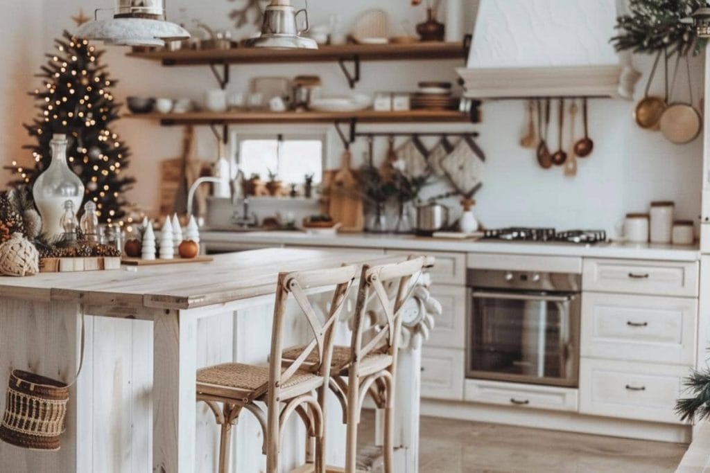 Farmhouse kitchen island with elegant cane-back chairs and a mix of kitchenware and Christmas decor.