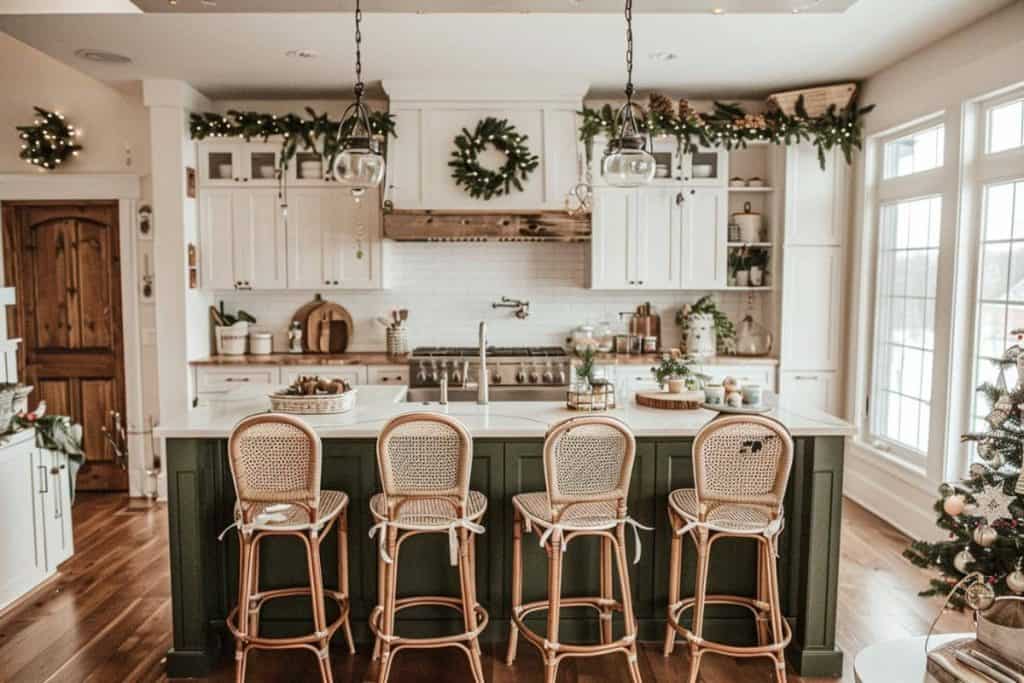 Spacious farmhouse kitchen with green cabinets, garlands, wreaths, and a Christmas tree viewed through the window.