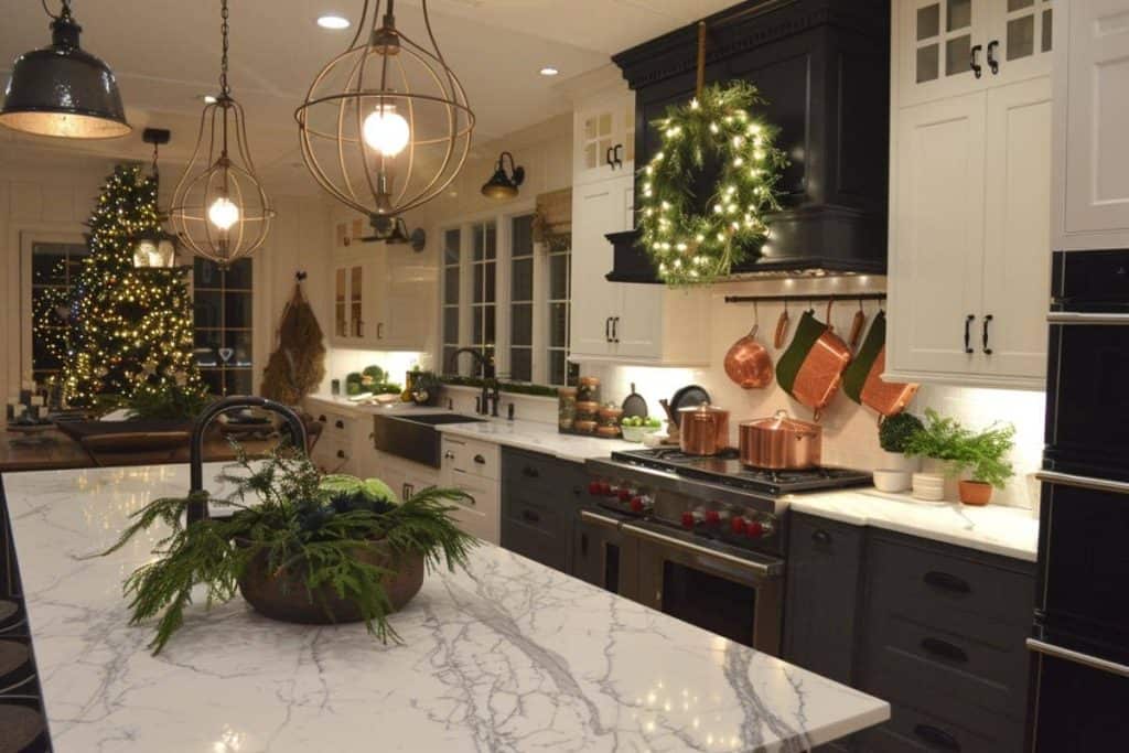 Luxurious farmhouse kitchen with green-painted cabinets, decorated with garlands, wreaths, and festive chairs with plaid ribbon ties.