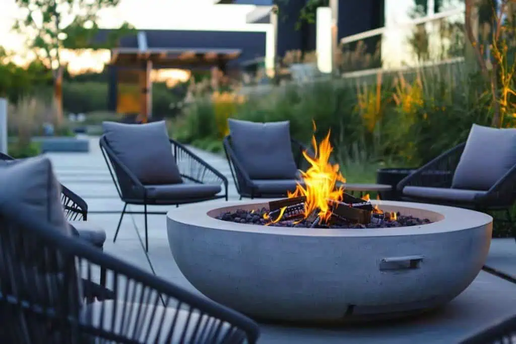 Modern and minimalist backyard fire pit in a round concrete bowl, accompanied by chic black metal chairs on a patio at dusk