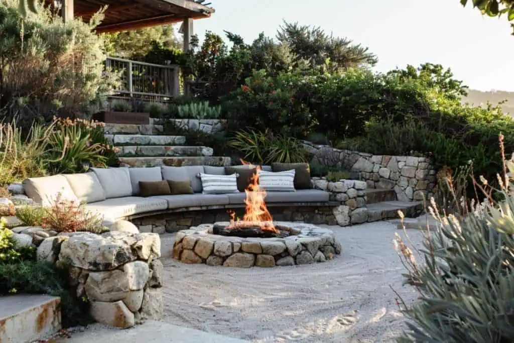 Beach-inspired backyard fire pit with a circular stone design, surrounded by a sand pit and cushioned benches against a backdrop of coastal vegetation