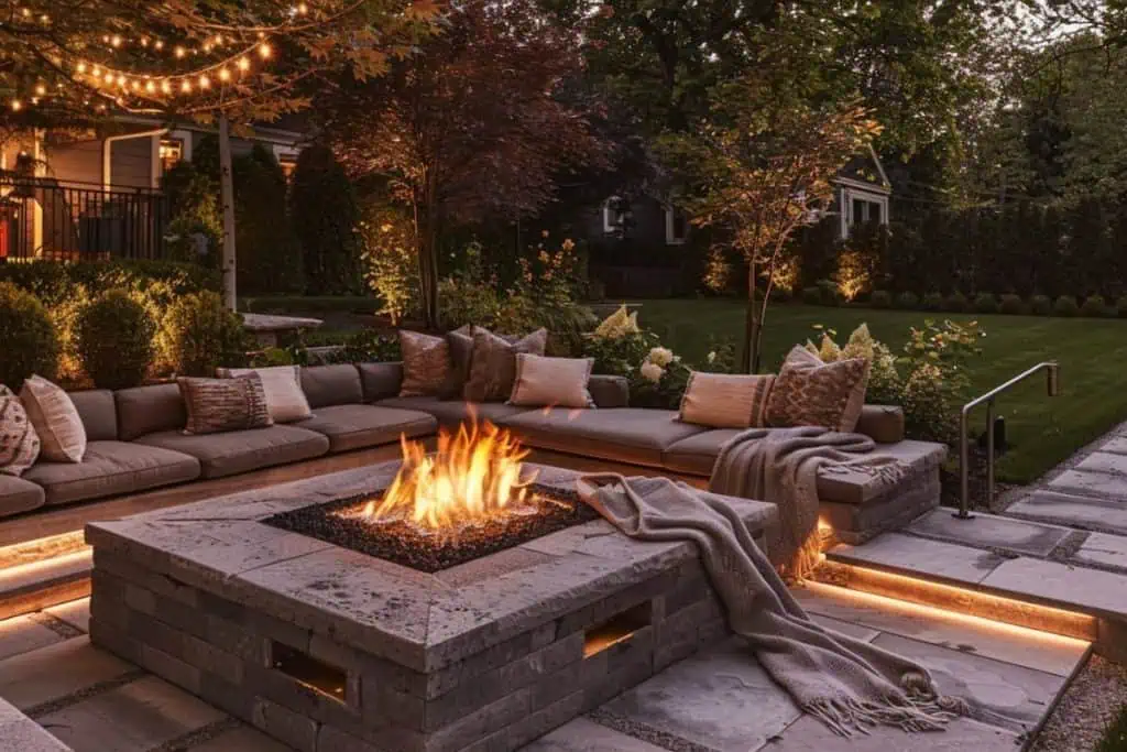 Secluded backyard fire pit setting with Adirondack chairs, surrounded by forest greenery and accented with overhead string light