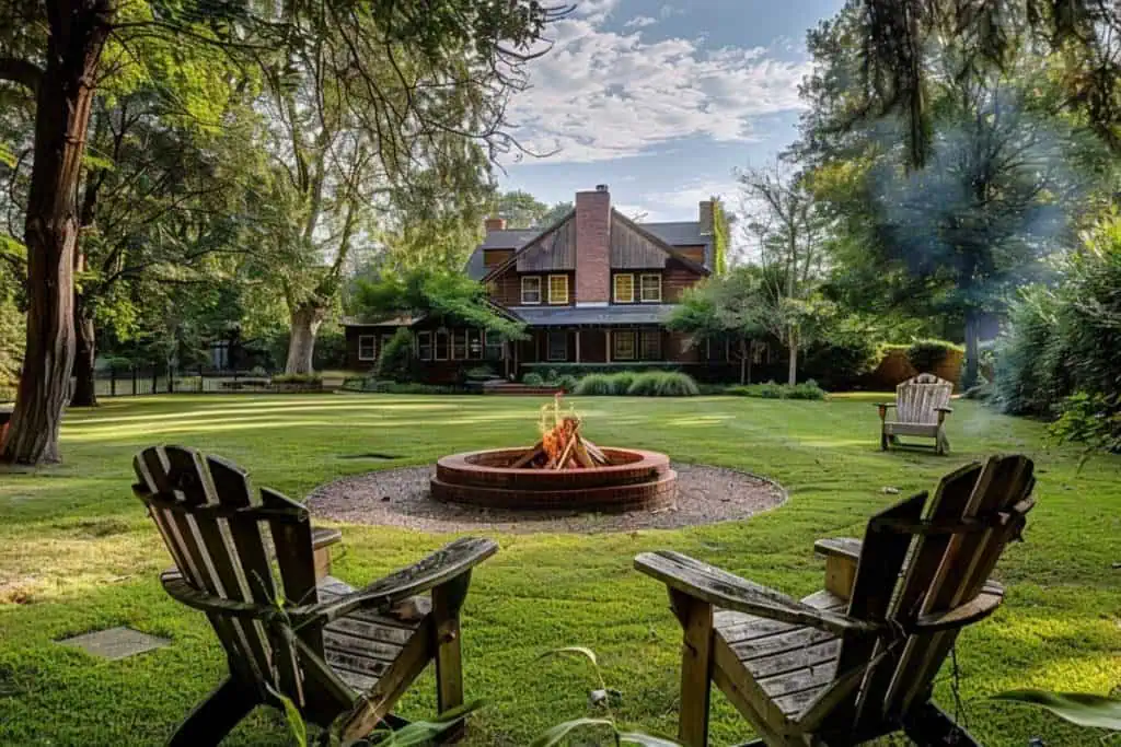 Inviting backyard featuring a fire pit with surrounding wooden Adirondack chairs, with a classic brick house partially obscured by mature trees in the evening light