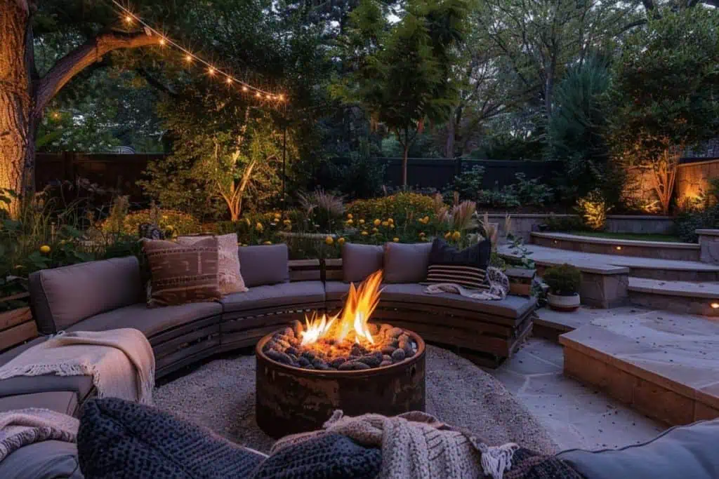 Tranquil outdoor fire pit area with built-in bench seating, surrounded by tall trees and a lush forest backdrop