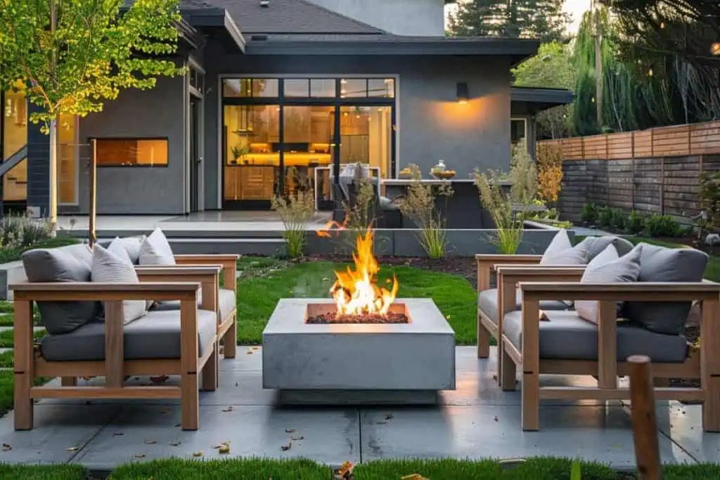 Modern backyard featuring a minimalist square fire pit, flanked by wooden armchairs and vibrant landscaping, against a contemporary home.