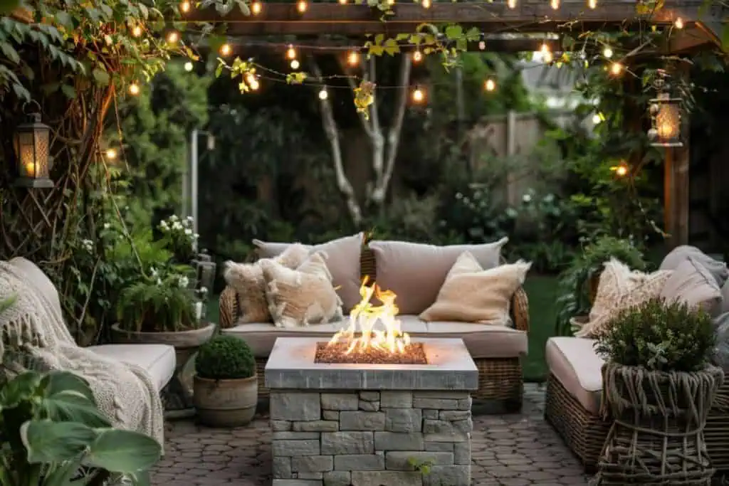 Romantic garden fire pit with a white stone surround, nestled under a pergola with twinkling string lights and soft outdoor seating