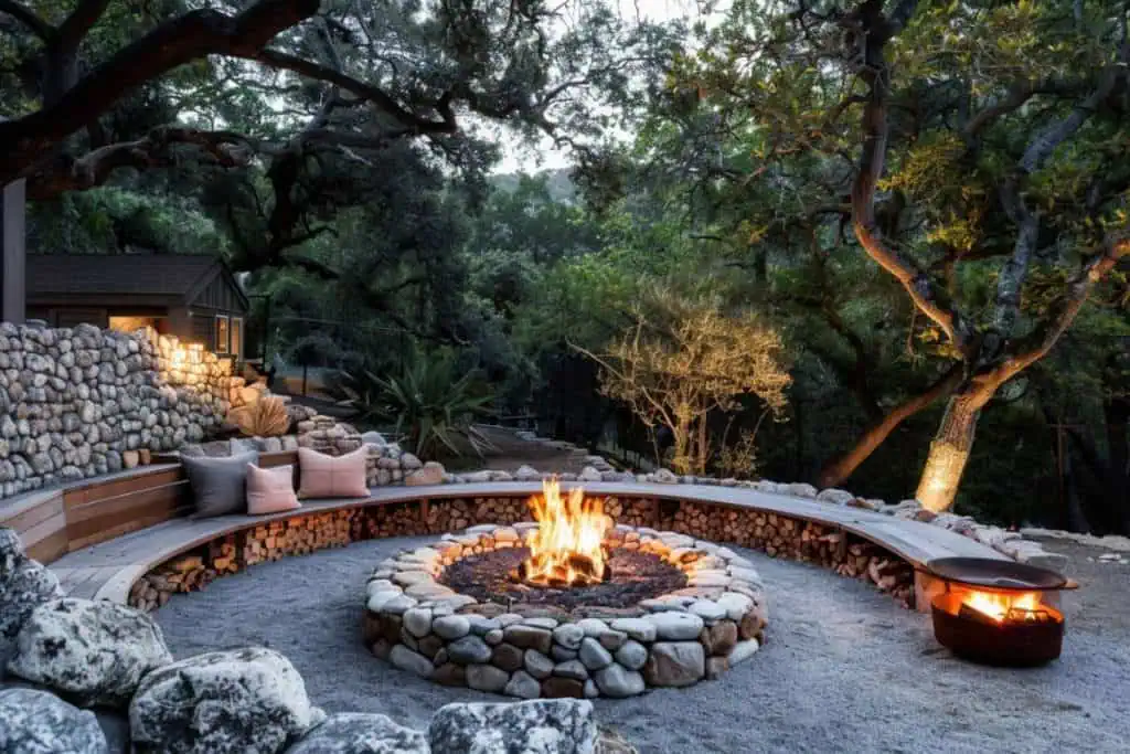 Rustic outdoor fire pit with a gravel surround and curved wooden benches, beneath the canopy of an old oak tree