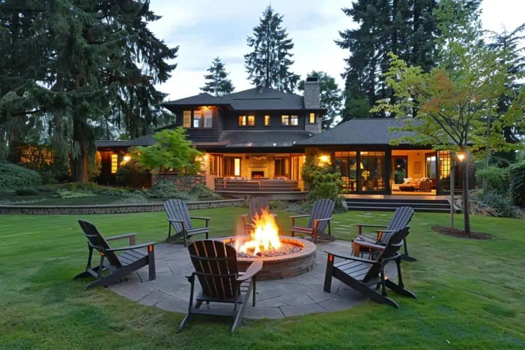 Twilight in a serene backyard, showcasing a stone fire pit encircled by dark Adirondack chairs on a well-manicured lawn, with a stately house warmly lit in the background