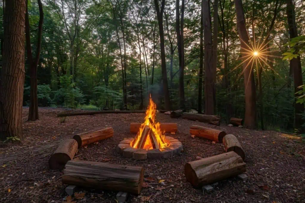 Rustic backyard fire pit surrounded by raw log seating, nestled in a woodland setting with sun rays filtering through the trees