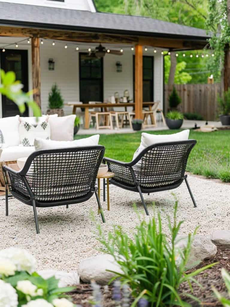 Cozy gravel patio seating area backed by a modern home, featuring wicker chairs and lush plantings that enhance the outdoor living experience