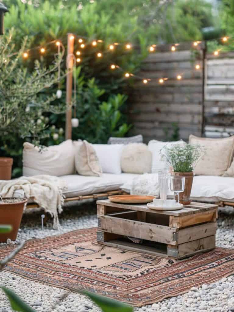 Bohemian-inspired gravel patio nook with cozy pillows, rustic wooden crate table, patterned rug, and twinkling string lights creating a magical ambiance