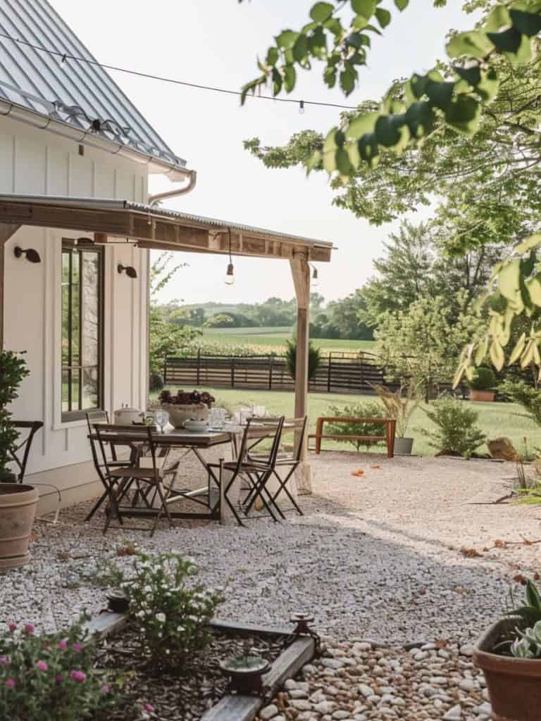 Country-style gravel patio dining with a simple wooden table set, surrounded by lush greenery and open fields, epitomizing rustic outdoor charm