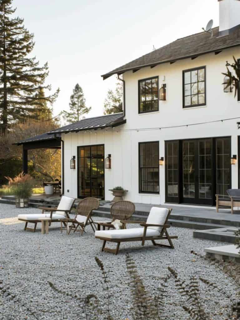 Modern minimalist gravel patio featuring sleek loungers and wicker chairs, paired with a white home exterior and towering pines for a tranquil setting