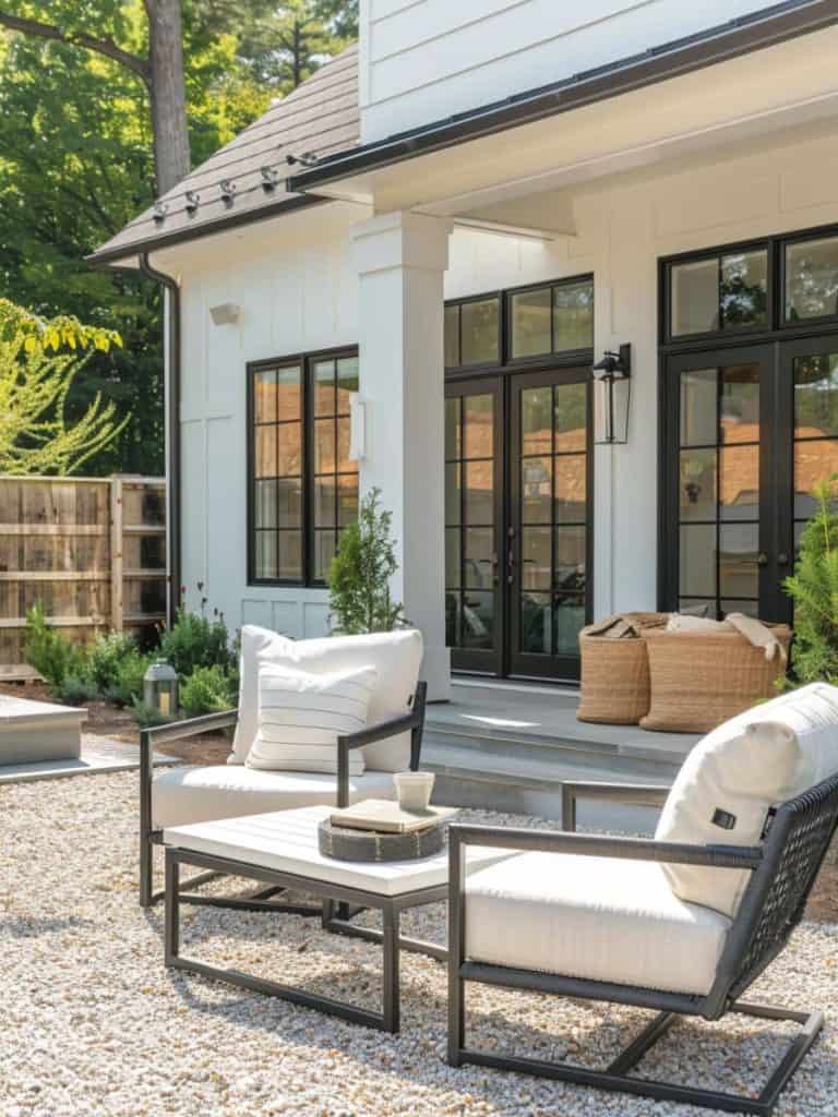 Contemporary gravel patio with chic outdoor furniture against a stylish home backdrop, blending luxury and simplicity in an open-air lounge space