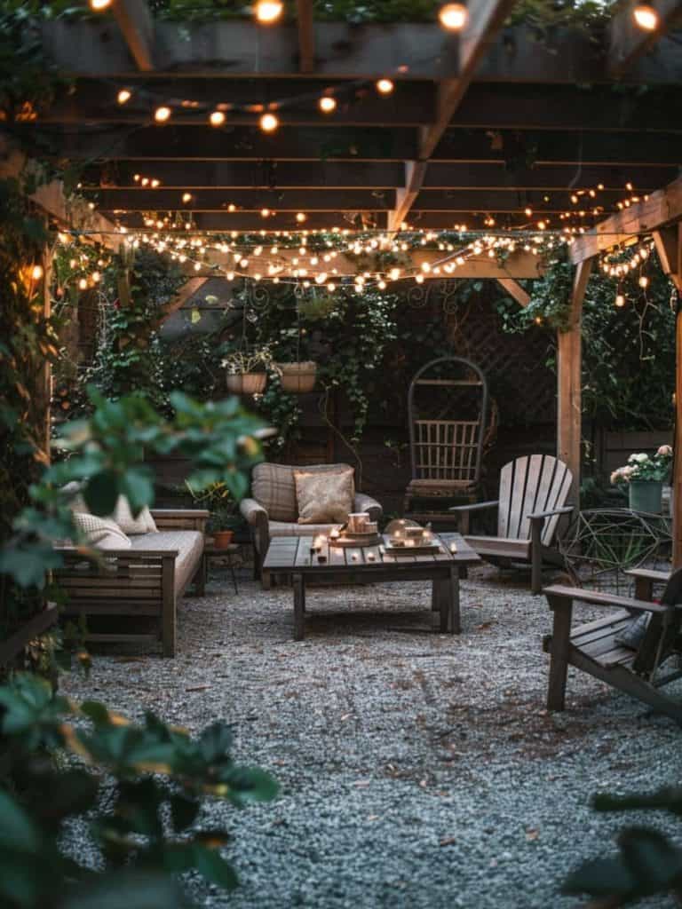 Twilight enchantment on a gravel patio with a wooden dining set under a pergola wrapped in glowing fairy lights, ideal for evening socials