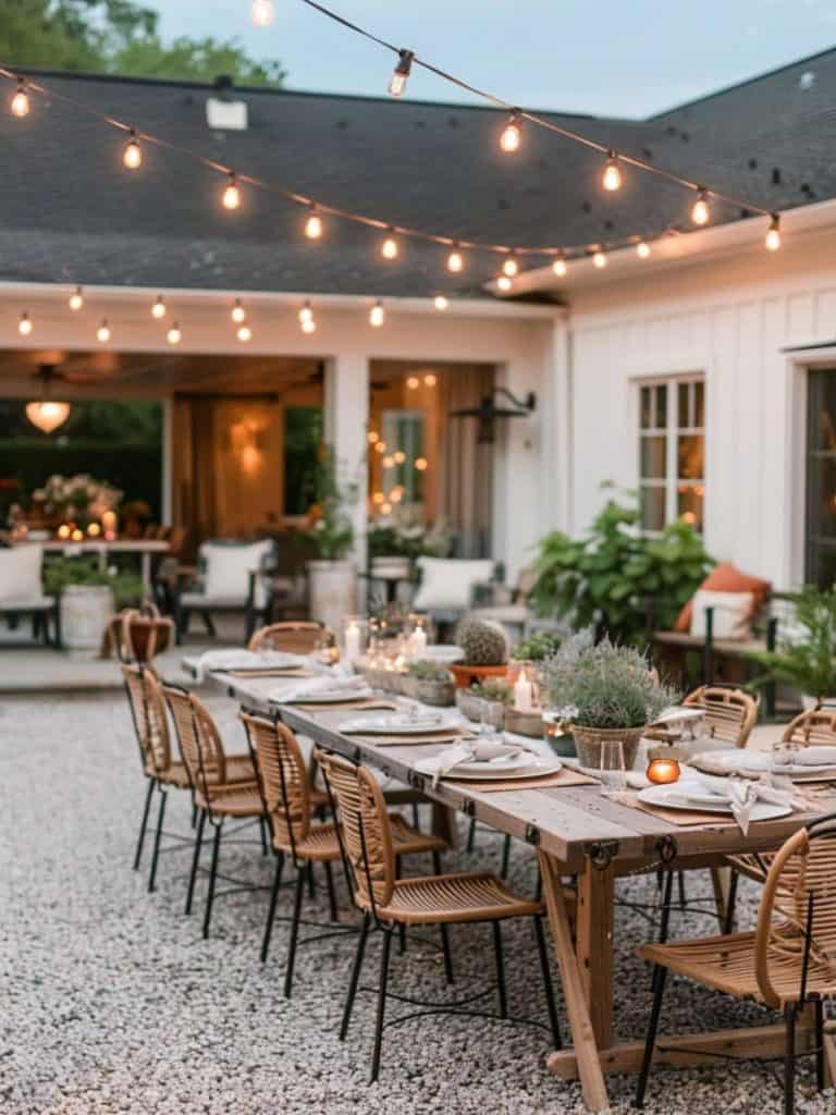Gravel patio transformed into an outdoor dining haven, with a long wooden table and wicker chairs under a canopy of soft, inviting string lights
