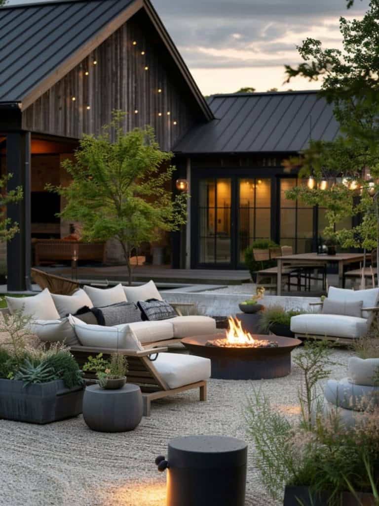 Elegant outdoor seating area with plush cushions arranged around a modern fire pit on a gravel patio, accentuated by soft evening lighting