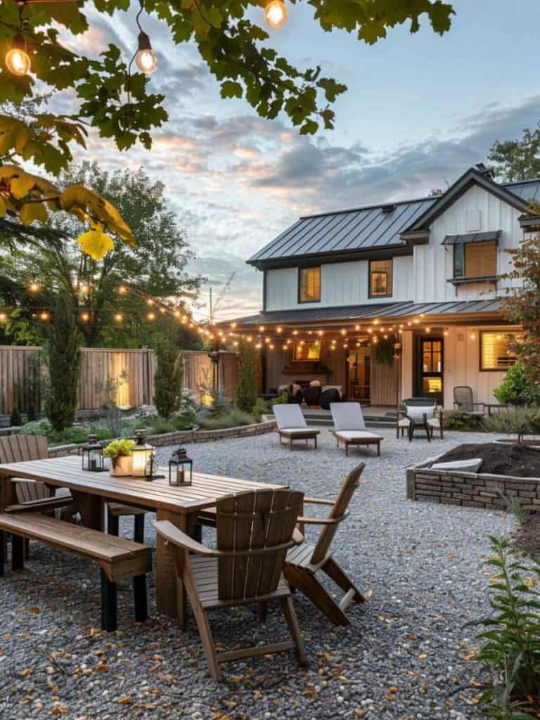 Gravel patio embracing the evening's golden hour, featuring a robust wooden dining set with lanterns, adjacent to a modern farmhouse