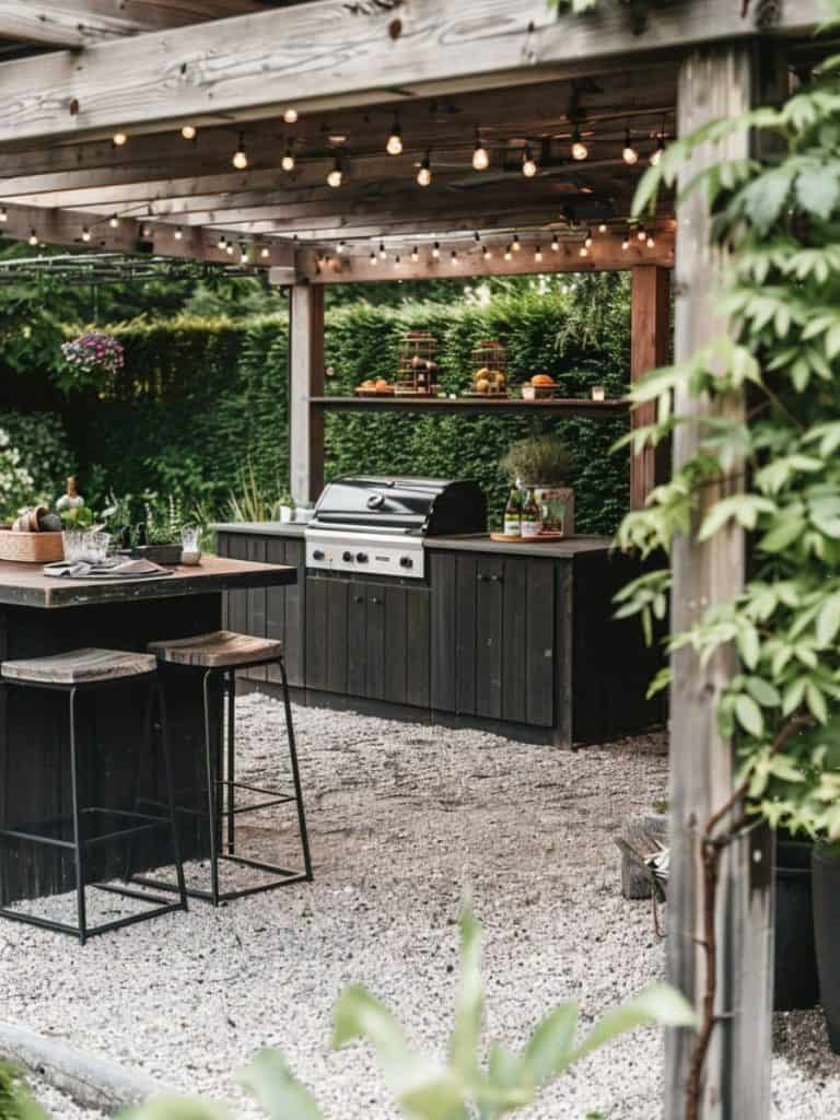 Charming outdoor kitchen with a wooden pergola overhead, adorned with string lights, set on a gravel patio for a cozy culinary experience