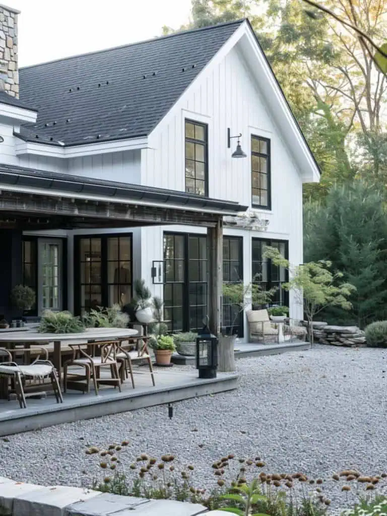 pacious gravel patio area adjacent to a white modern farmhouse, featuring a large outdoor dining set for gatherings in a serene garden setting