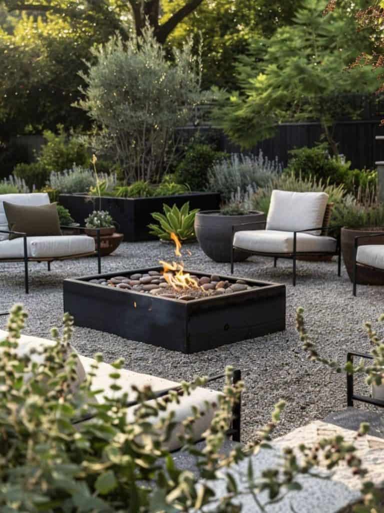 Inviting gravel patio corner with contemporary black fire pit and comfortable lounge chairs, creating a tranquil spot for evening relaxation
