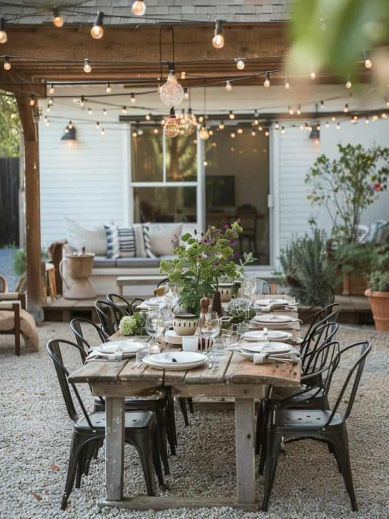 Picturesque dining under string lights on a gravel patio, complete with a rustic wooden table and metal chairs, ready for a garden feast.