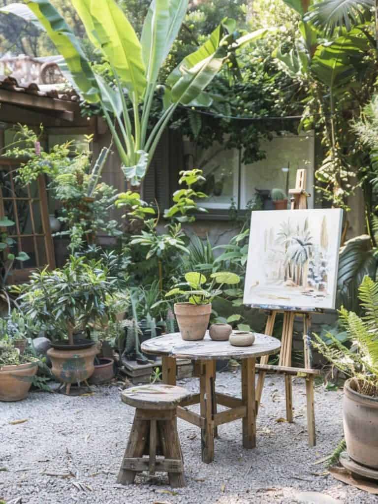Artist's retreat in a lush garden with a gravel patio, showcasing a wooden table, stools, and an easel with a botanical painting