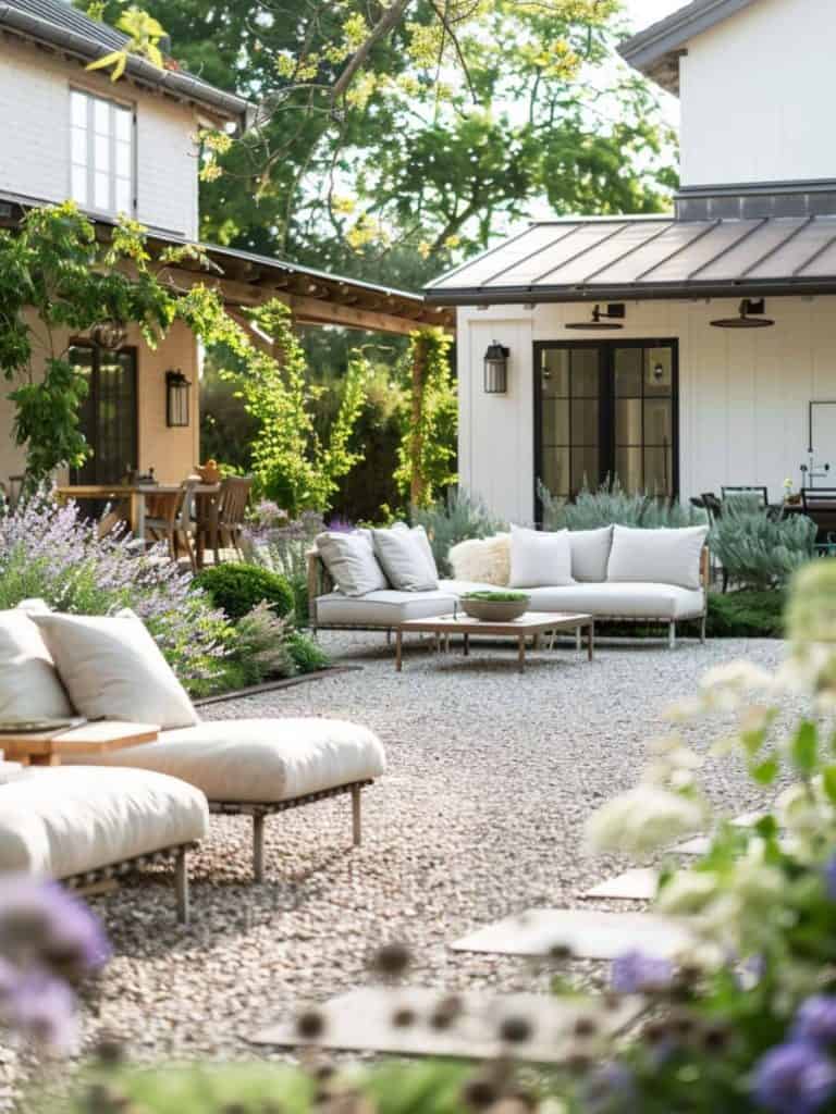 Luxurious outdoor lounging space on a gravel patio framed by vibrant gardens, featuring chic sofas and a wooden coffee table