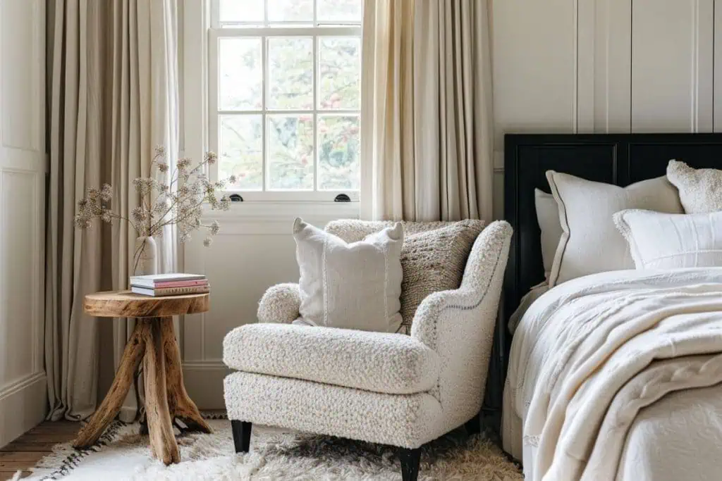 Neutral-toned armchair with textured throw pillow beside a wooden side table with books and dried flowers