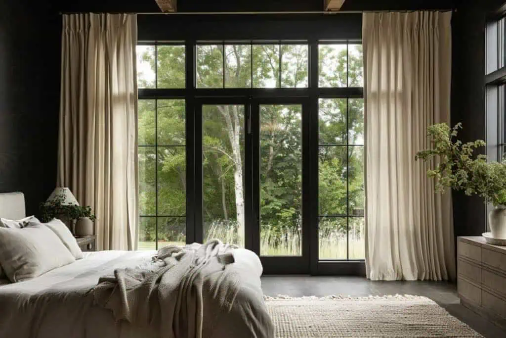 Bedroom with large black-framed windows, sheer curtains, and neutral bedding with a cozy beige throw blanket.
