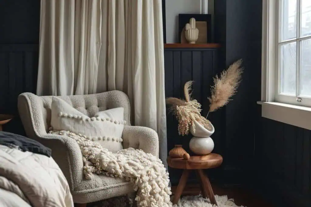 Black and neutral bedroom featuring a plush chair with a knit throw, a wooden stool, and pampas grass in a vase.