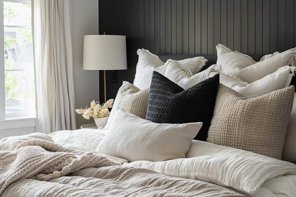 Close-up of a black and neutral bedroom with an assortment of textured pillows and a knit throw blanket on the bed.