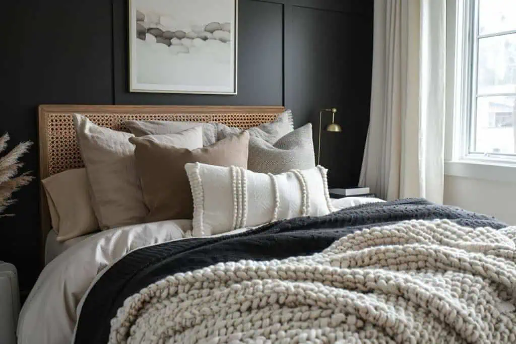 Bedroom showcasing a rattan headboard, neutral bedding, black accents, and a chunky knit throw blanket.