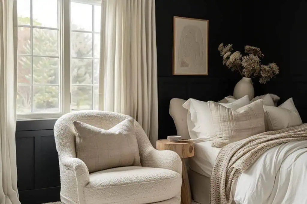 Cozy reading nook in a black and neutral bedroom with a comfortable chair, knit pillow, and rustic wooden side table.