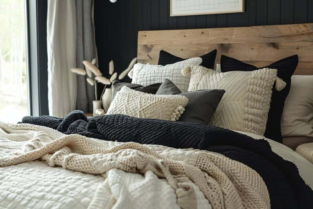 Black and neutral bedroom detail with a textured bedspread, knit blanket, and an assortment of pillows.
