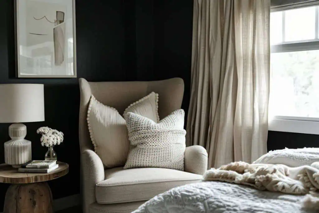 Serene corner in a black and neutral bedroom with a fabric chair, knit blanket, and wooden artwork on the wall.
