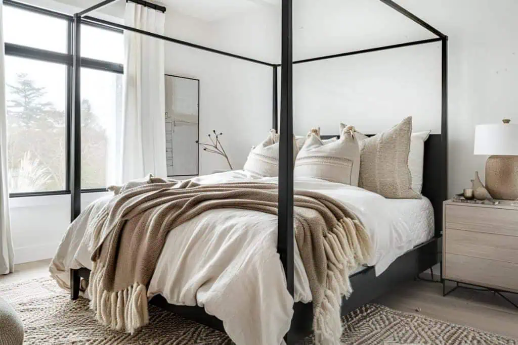 Contemporary bedroom with a four-poster bed, patterned throw blanket, and neutral bedding
