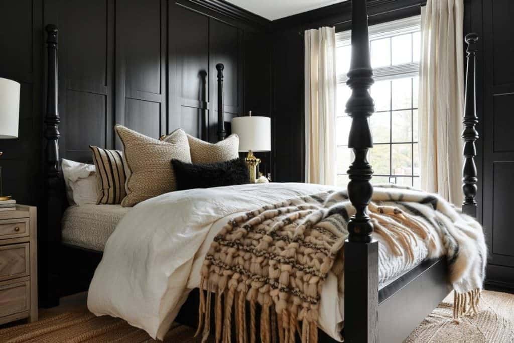 Luxurious black and neutral bedroom with a four-poster bed, a textured throw blanket, and a mix of pillows in various neutral shades.