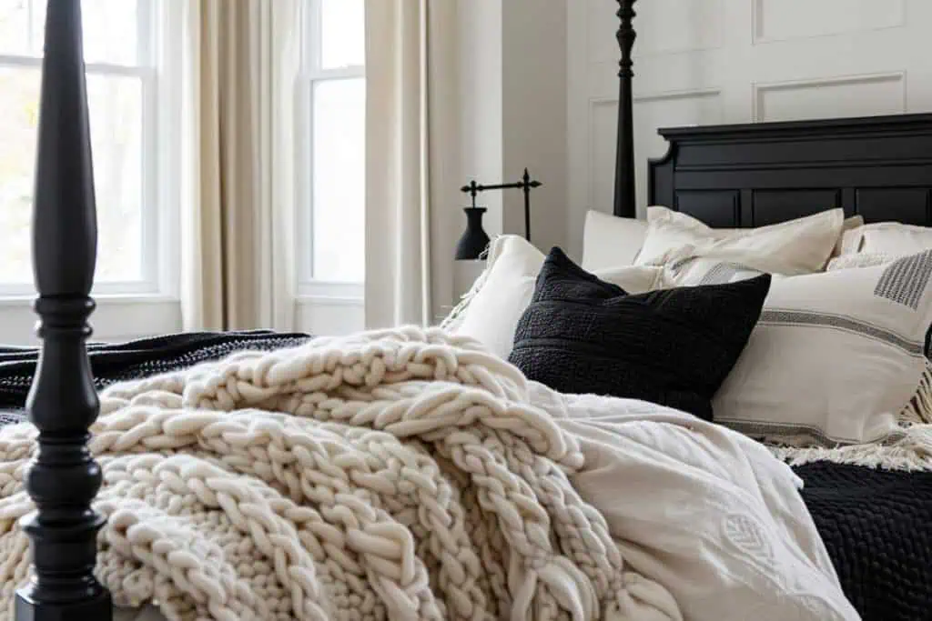 Close-up of a black & neutral bedroom's bed corner with a chunky knit blanket and a mix of textured black and beige pillows against a white duvet.