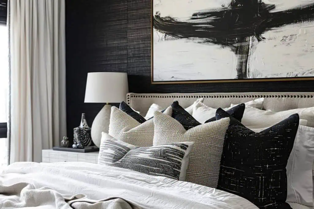 Black & neutral bedroom showcasing a black headboard with cream and black patterned pillows, a white textured comforter, and an abstract black and white painting above the bed