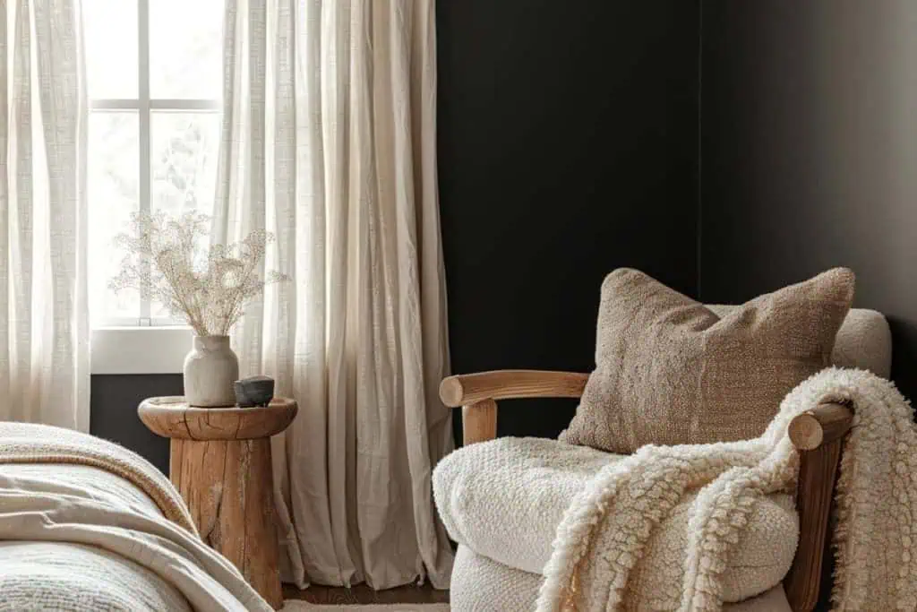 Inviting corner in a black & neutral bedroom with a cozy beige chair, a sheepskin throw, a rustic wooden side table, and delicate dried florals by a light-filled window