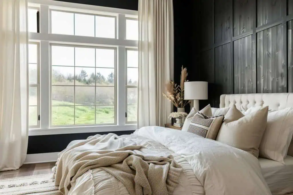 Serene black & neutral bedroom with a beige tufted headboard, layered knit blankets, and decorative pillows in front of a large window with countryside views